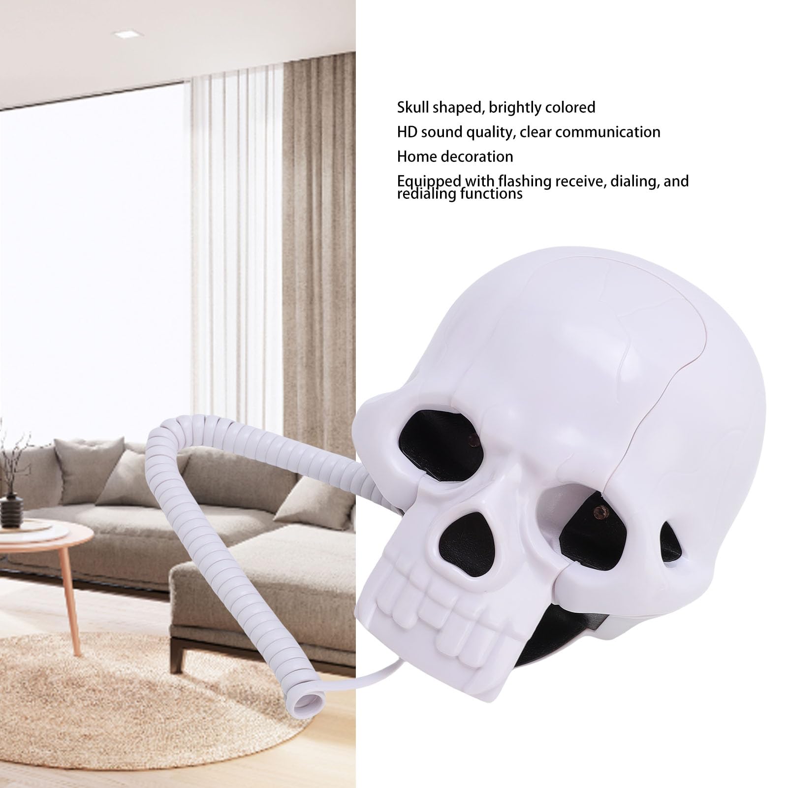 VBESTLIFE Pomocnik stacjonarny do domu, szybki telefon Skull, telefon stacjonarny w stylu retro, analogowy nowość telefon z czaszką do hotelu, sklepów, imprez (biały)