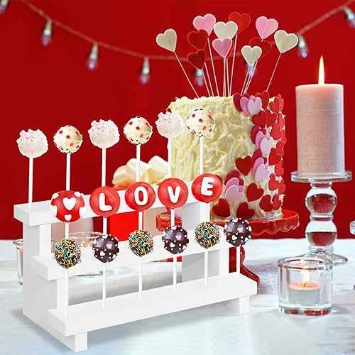 Miniatura 4 de 2 soportes de madera para tartas, soporte para paletas blancas de 3 niveles con lazos giratorios, palitos de piruleta, 17 agujeros para mesa