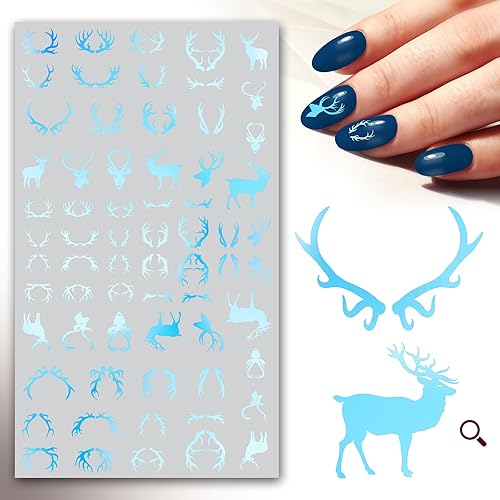 Calcomanías para uñas (5 hojas) FLONZNAIL ICY Wintery Blue Deer and Antlers Decoración de uñas Adhesivos de estilo vintage