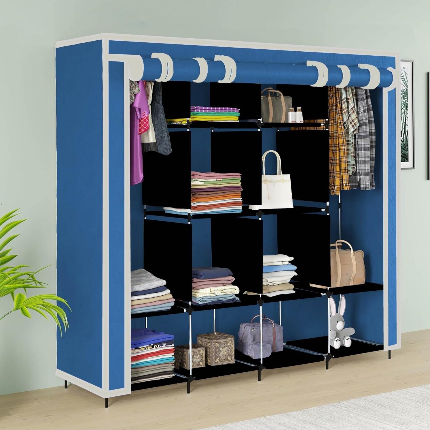 Maison & Cuisine® Collapsible Wardrobe 12 Shelves Storage Unit almari Closet Clothes Storage Rack Quick and Easy to Assemble Foldable Almirah (W 88270) (Blue)