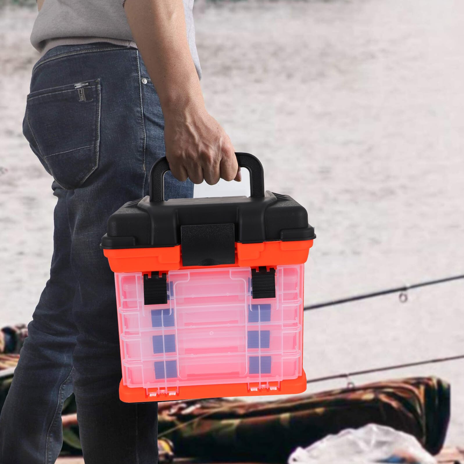 Gatuida Cassetta da Pesca per Grande capacità e in Plastico Arancione Manico Pieghevole Facile da Trasportare, Scatola Porta Attrezzi Piccoli Accessori da Pesca