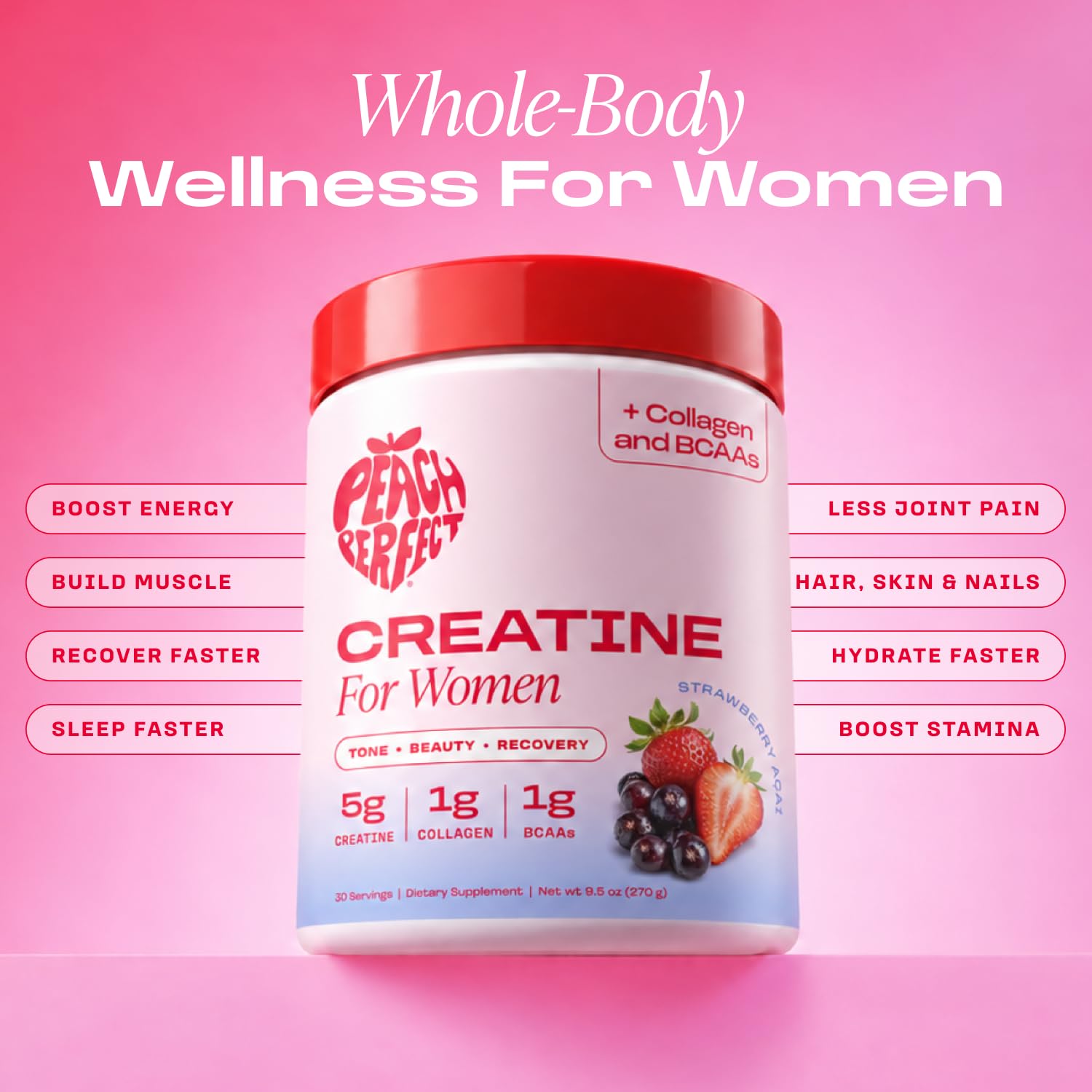 Peach Perfect Creatine for Women – Micronized Creatine Monohydrate Powder with BCAA & Collagen for Glute Strength Support, Boost Energy, Focus, Strength, and Endurance – Strawberry Acai, 30 Servings — Amazon image 2