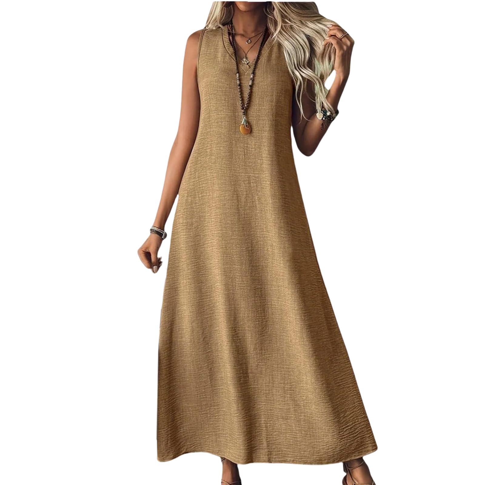 Women's Casual Maxi Sundress Summer Tank Beach A-Line Dress Linen Loose Sleeveless T-Shirt Long Dresses