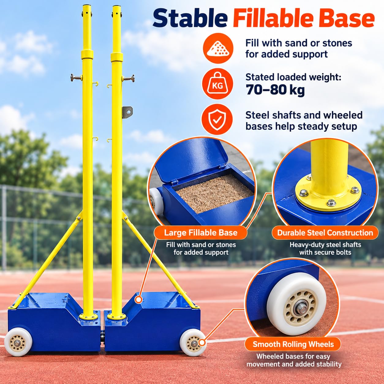 Postes de Vóleibol/Badminton,Altura Máxima 2,1 m,Base Rellenable de70-80 kg