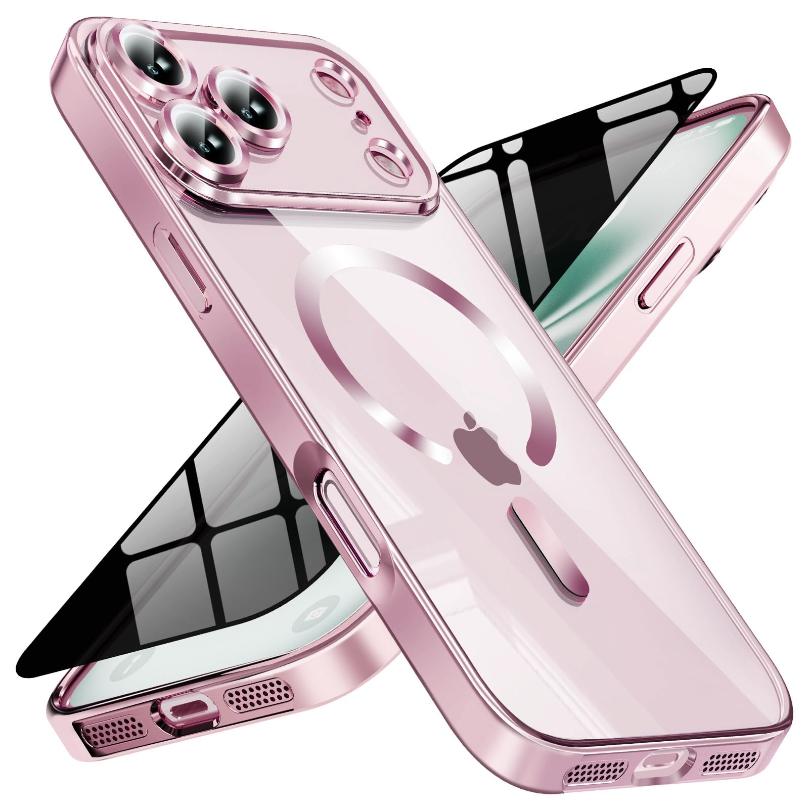 Magnetic for iPhone 17 Pro Max Case with Privacy Screen Protector &amp; Full Camera Cover,[Non-Yellowing] Shockproof Clear Phone Case Compatible with MagSafe Women Girls for iPhone 17 ProMax,Pink