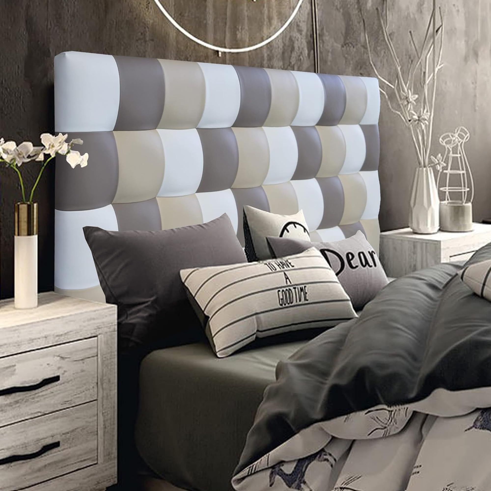 ONEK-DECCO Cabecero de Cama Kansas Patchwork Tapizado en Polipiel, Cabezal Acolchado Original de Diseño Moderno para Dormitorio Juvenil y Matrimonio (180x70, Blanco-Arena-Beige)