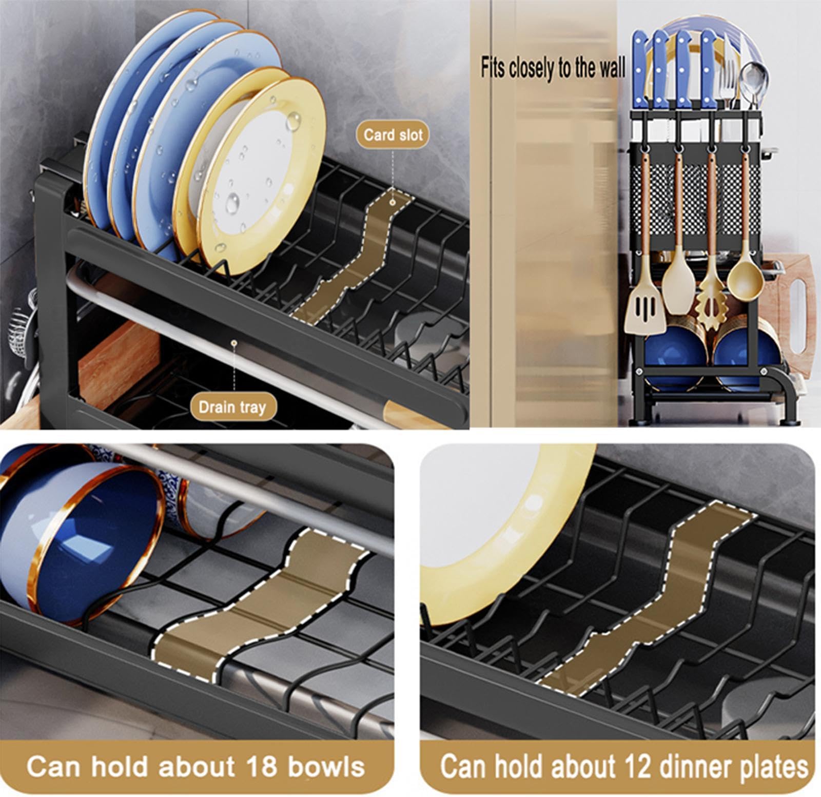 Escurridor de platos para encimera de cocina, escurridor de platos de acero inoxidable de 3 niveles con soporte para cubiertos y escurridor, estante que ahorra espacio, acabado negro