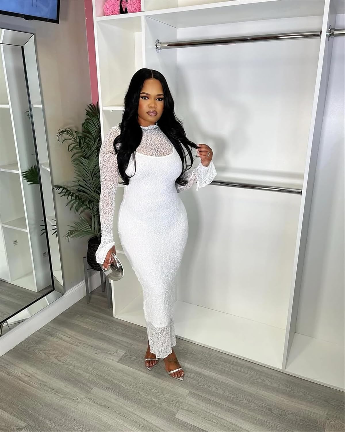 Women's Elegant Bodycon Midi Dress Lace Party Cocktail Wedding Guest Dress - Image 5