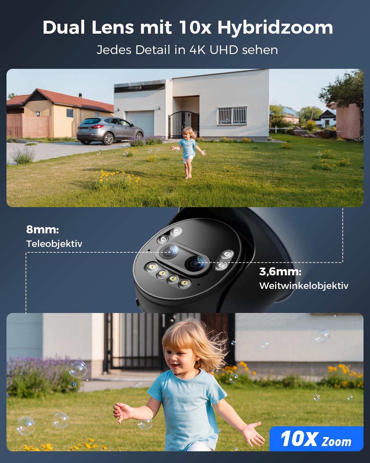 Ctronics 4K 10X Hybrid Zoom Überwachungskamera Aussen | Auto Zoom-Tracking,Personen-/Fahrzeug-/Tiererkennung, Farbnachtsicht 8MP, 2,4/5GHz WiFi, PC/TF/Cloud/FTP/NAS,Metal,IP66
