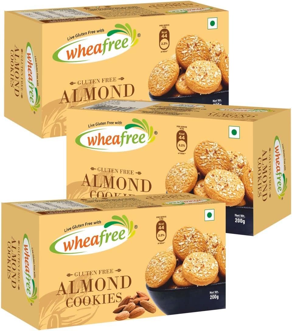 wheafree Gluten Free Almonds Cookies(Pack Of 3 X 200G Each)| Tasty, Crunchy & Flavoured Cookies | Best Tea Time Snacks | Nutritious | 100% Vegetarian & Gluten Free Ingredients, 600 Grams