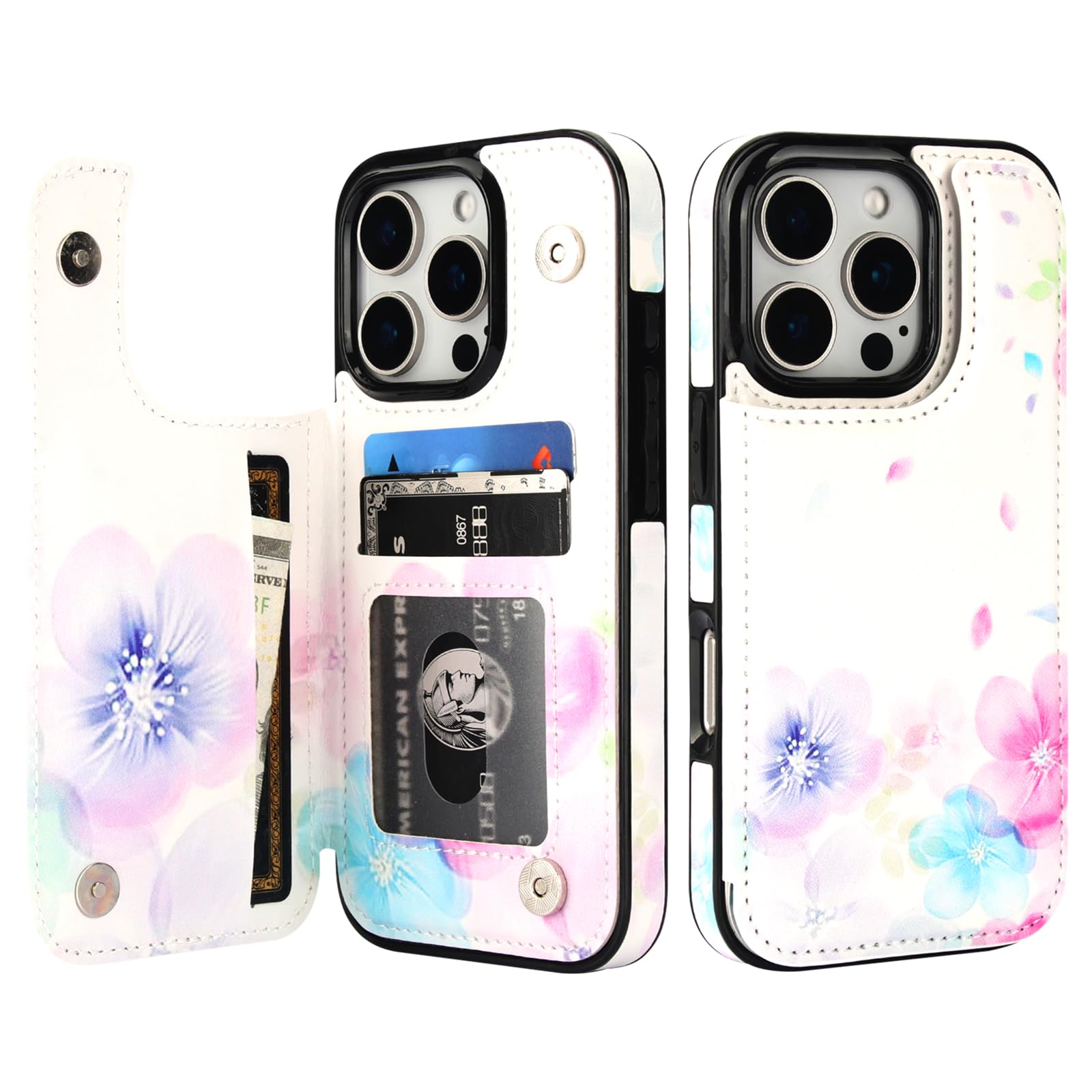 HAOPINSH Funda tipo cartera para iPhone 16 Pro con tarjetero, patrón de flores pálidas, tapa trasera, piel sintética, ranuras para tarjetas, para mujeres y niñas, doble cierre magnético a prueba de