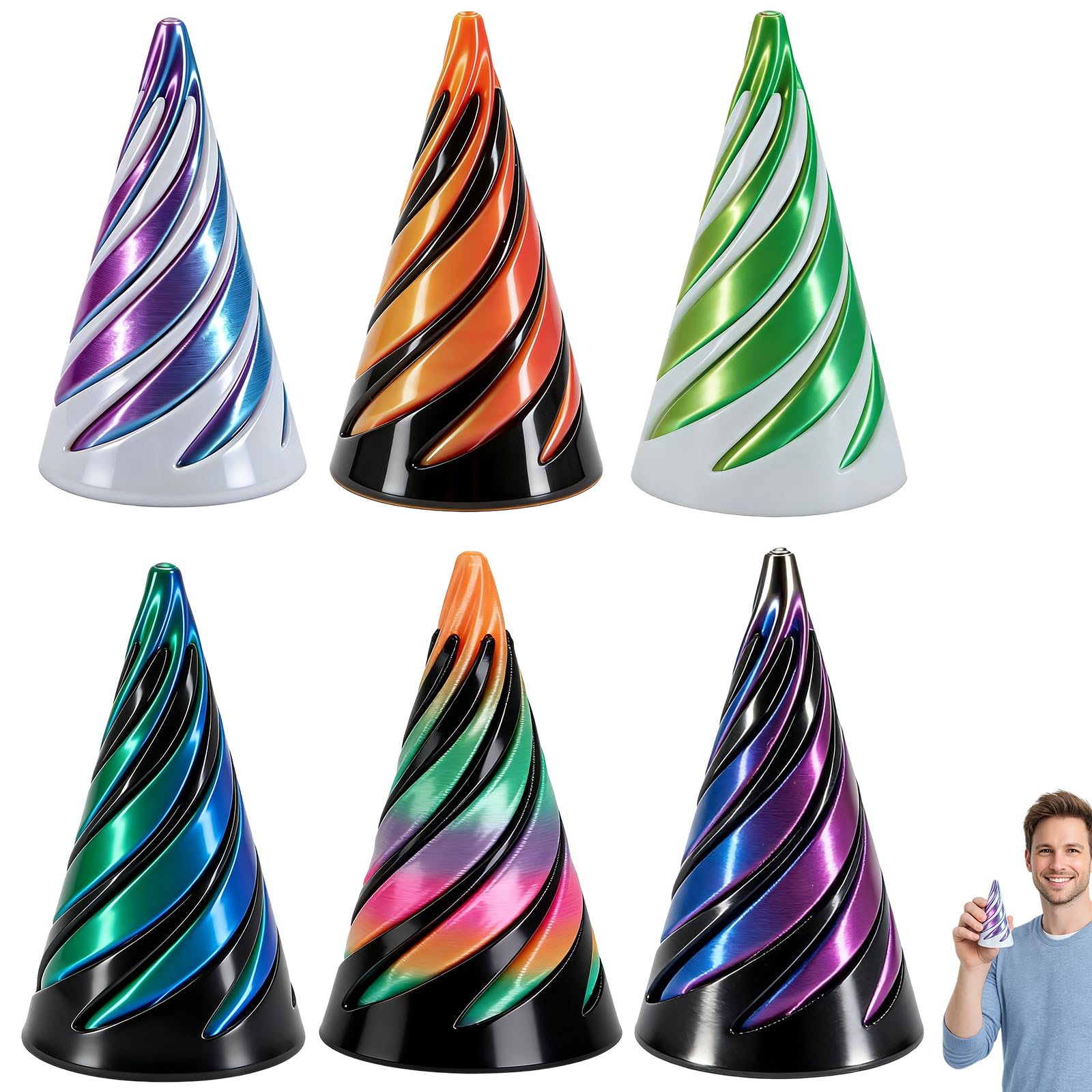 6Pcs Spiral Cone Fidget, 3D Fidget Collection with Six Unique Designs, 3D Printed Set for Home Office Desk Decor Engineer Souvenir Gift and Birthday Gift (Colourful)