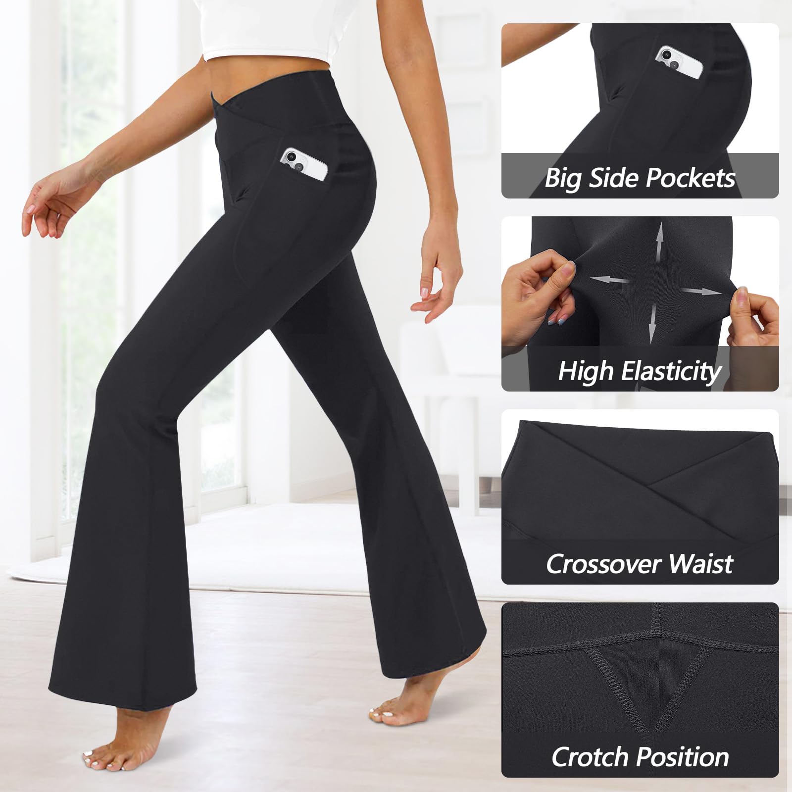 DLOODA Leggings acampanados para mujer con bolsillos, cintura alta, corte de bota, pantalones de yoga con control de abdomen, leggings acampanados
