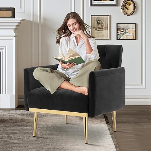 Miniatura 2 de DecoraFlex Silla decorativa rosa, sillón tapizado de terciopelo, cómodo y moderno sofá individual con brazos y patas de metal para sala de estar,