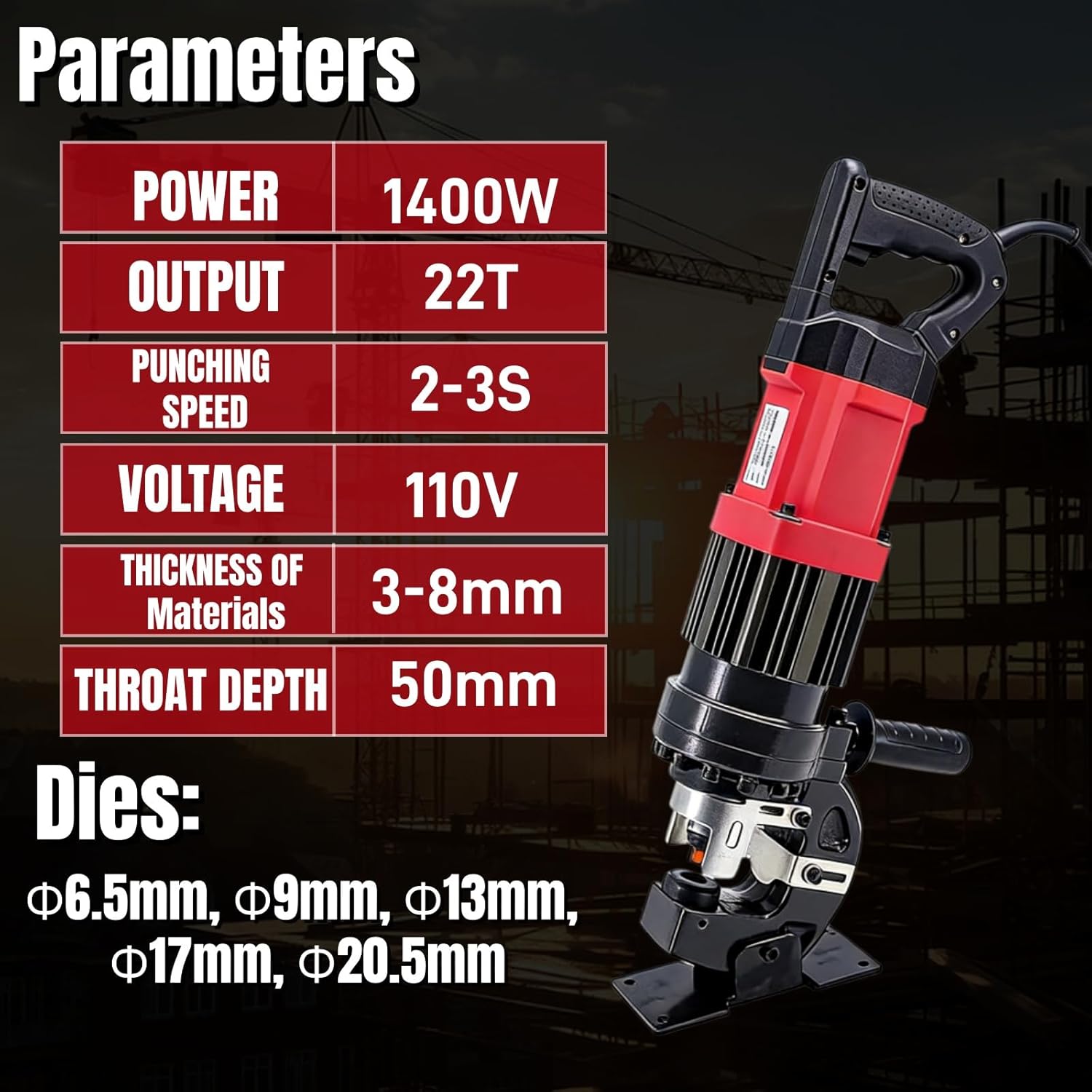 Hydraulic Hole Puncher MHP-20, 110V 1400W 22T Heavy Duty Metal Punch for Aluminum Copper Steel Angle Iron, 5 Dies φ6.5+φ9+φ13+φ17+φ20.5mm