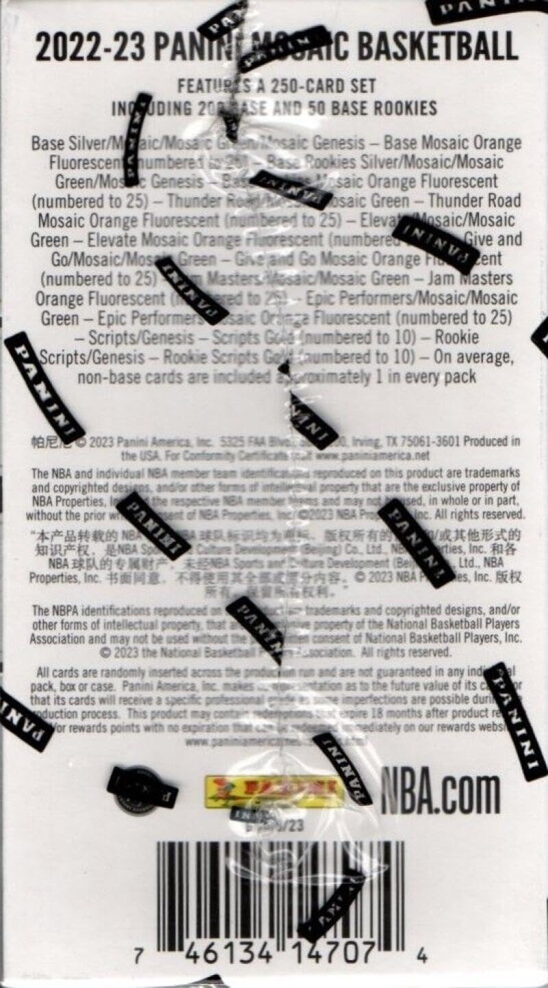 2022-23 Panini Mosaic NBA Basketball Factory Sealed Retail Blaster Box 6 Packs of 6 Cards. Find 4 Mosaic Prizms Per Box on average. Look for possible Blaster Exclusive Mosaic Orange Flourescent numbered to 25 and Ultra Rare Mosaic Genesis Prizms.