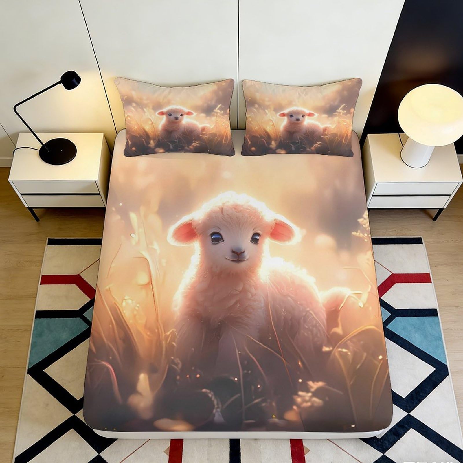3D Printed Cute Lamb Fitted Sheet Microfiber Soft Non-Slip Pastoral Meadow Mattress Cover for Bedroom Guest Room Dorm Decor 90x200x25cm