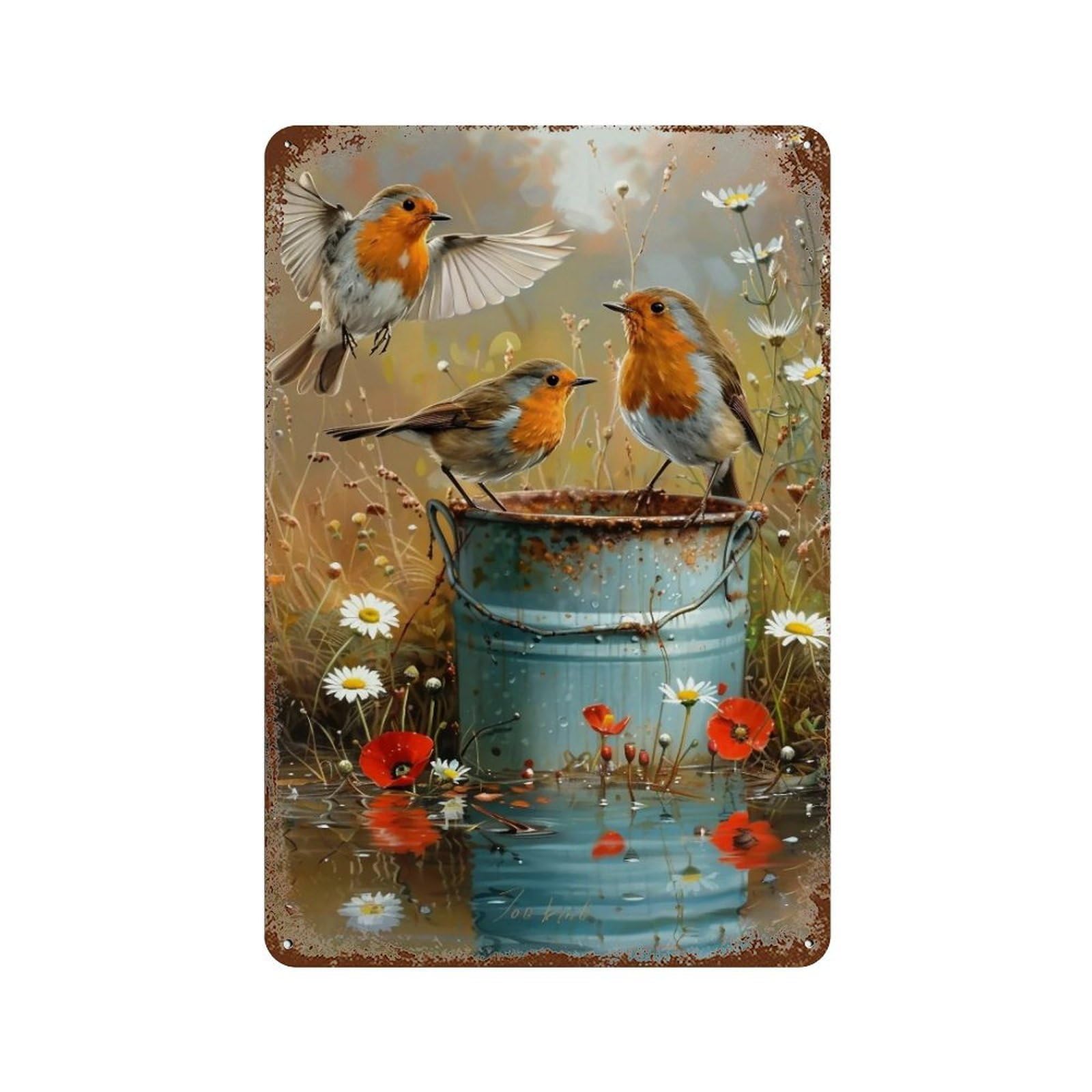 HDURYEYRYY Two Robin Birds Pond 04 Wall Retro Iron Vintage Art Metal Tin Sign Poster Modern Home Cofffee Club Art Bar Shop Decor Style 30x20cm