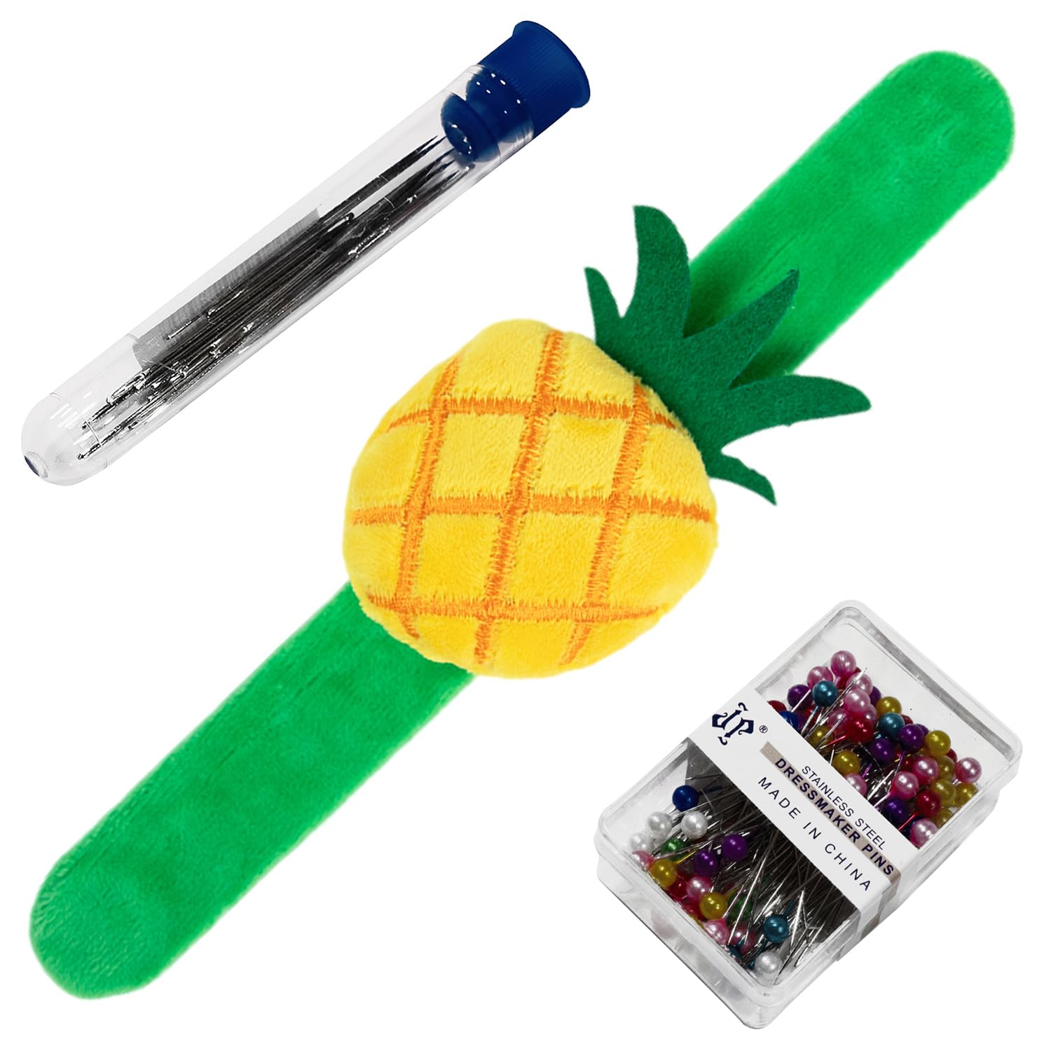 Creawonder Women's Pineapple Wrist Pin Cushion For Sewing, Snap Bracelet Wrist Bands Pincushion Organizer For Pins And Needles Include 80 Pearl Ballhead Pins And 18 Sewing Needles