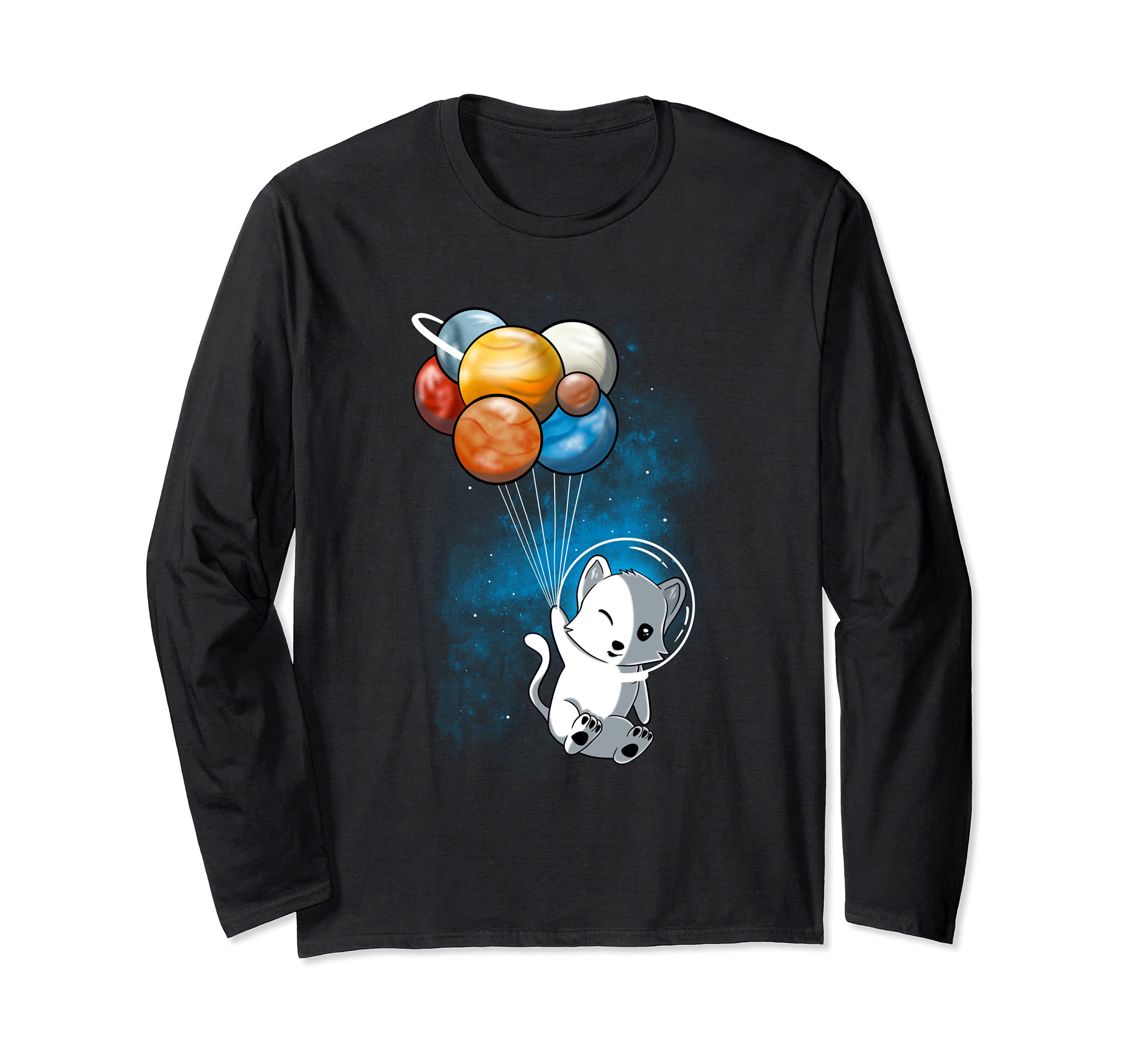 Funny Outer Space Cat Balloon Planets Space Travel Universe Long Sleeve T-Shirt, Black