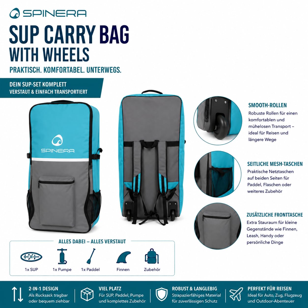 SPINERA SUP & Kayak Carry Bag with Wheels | Trolley Tasche mit Rollen | Transporttasche für aufblasbare Stand Up Paddle Boards & Kayaks | Rucksack & Reisetasche für Sportgeräte