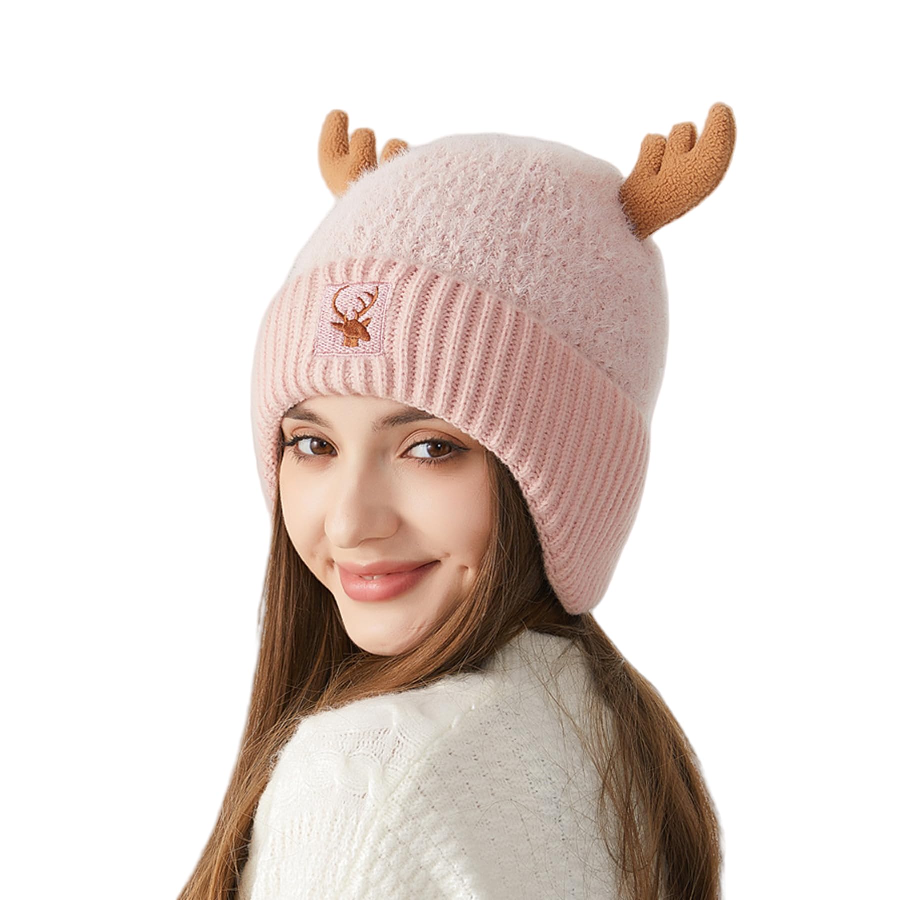 MOSSTYUS Cute Reindeer Moose Hat Winter Warm Knitted Beanie Cap Christmas Antler Beanie Ski Skull Cap for Women