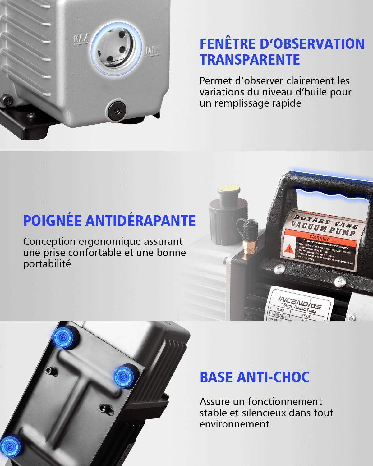 Pompe à Vide 3 CFM 1/4 HP avec Manomètre & Tuyaux pour R12 R22 R502 R134A R404 R407 R452A Kit Pompe à Vide Monostade pour Climatisation Auto, Transformation Alimentaire et Réfrigération Commerciale