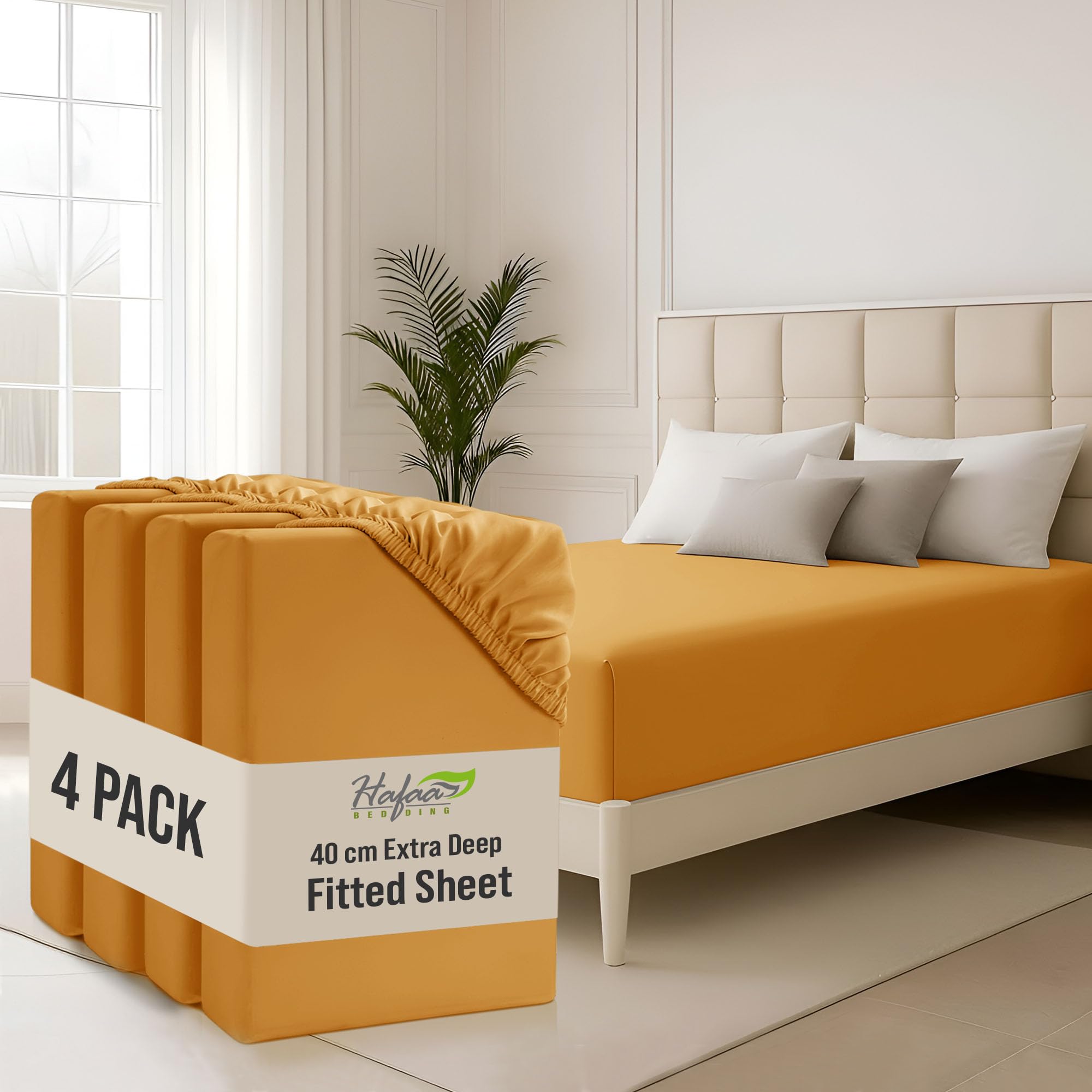 Hafaa Ochre Super King Fitted Sheet 4 Pack 40Cm Deep Pocket 16 Inch Bed Sheets Hotel Quality Soft Brushed Microfiber Fabric Breathable Shrinkage Fade Resistant Bedsheets