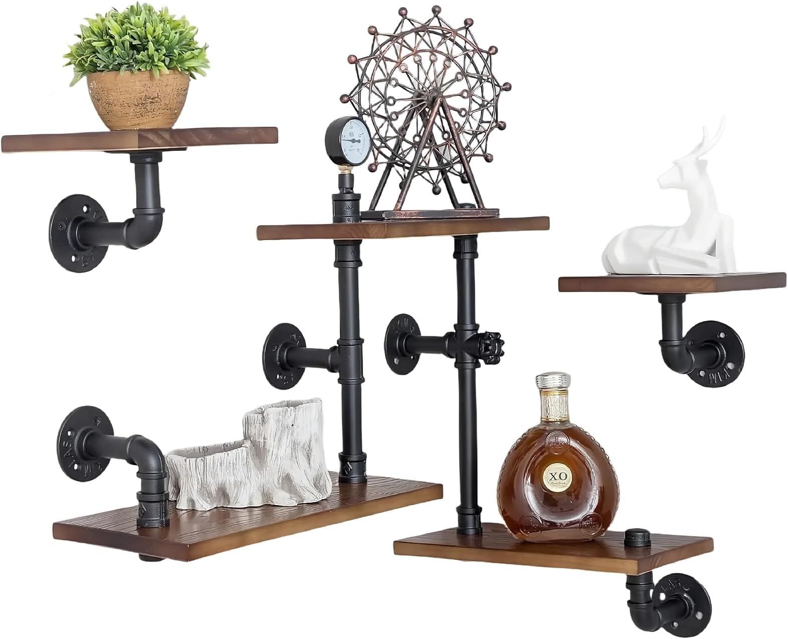 Industrial Rustic Modern Wood Ladder Pipe Wall Mounted Floating Shelves - Set of 3 Bookshelf,DIY Storage Shelving,Hung Bracket,Bookcase (Set of 3 Ladder Shelves)