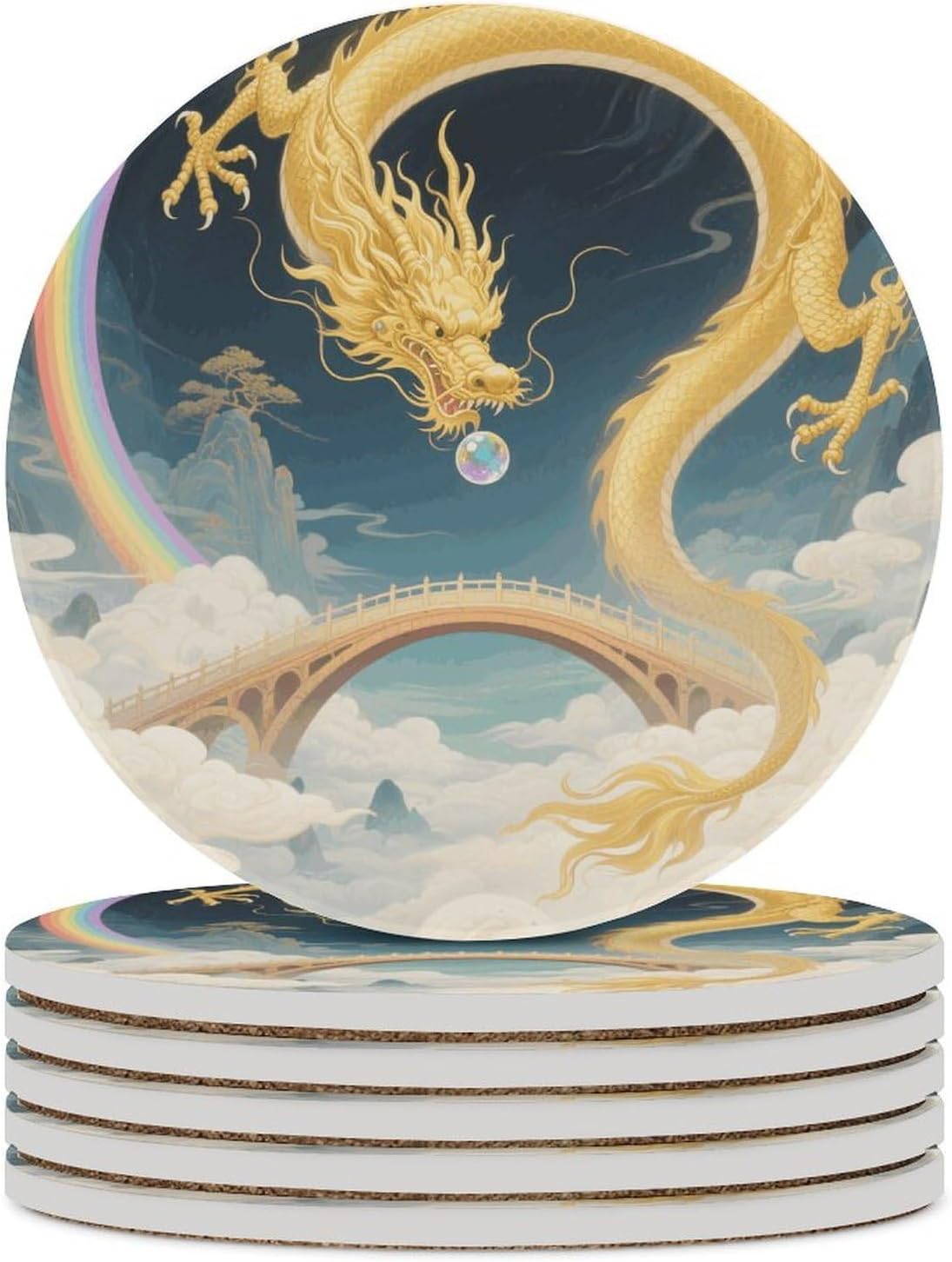 6PCS Dragon Rainbow Bridge Coasters Non-Slip Round Drink Coasters with Ceramic Stone and Cork Base, Heat Resistant Absorbent 33.00Stone Coaster Set for Kinds of Mugs and Cups, 4 Inch
