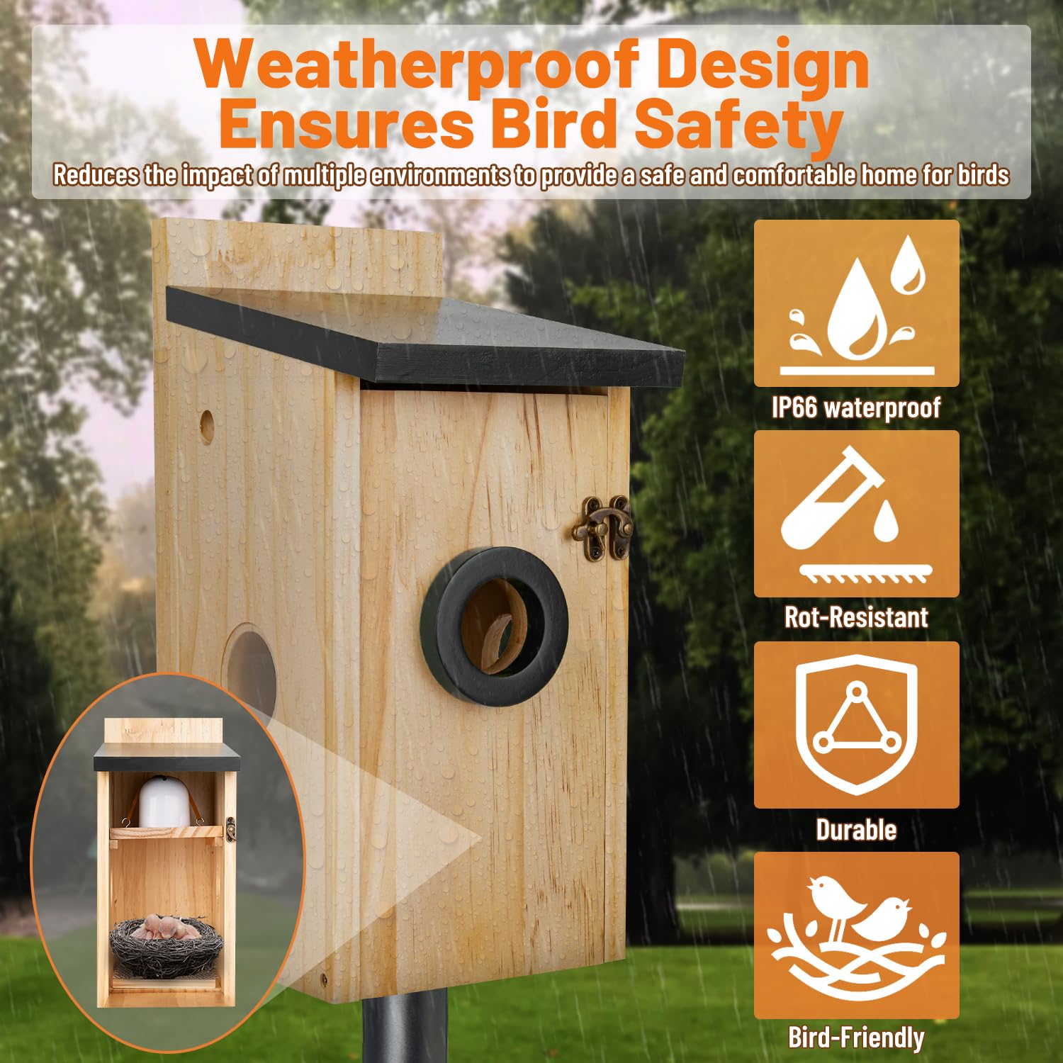 Casetta per uccelli intelligente con fotocamera, a energia solare, per esterni, con videocamera HD 2K, WiFi 2,4 G, visione notturna, rilevamento del movimento e SD da 16 GB, orologio per nidificare e