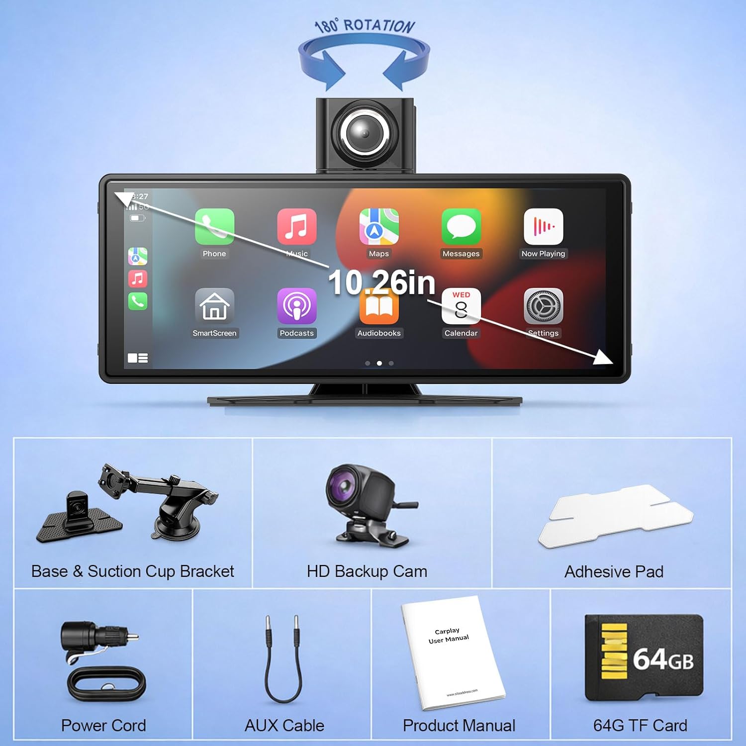 Wireless Carplay Screen for Car,10.26" Portable Apple Carplay and Android auto，4K Dash Cam with Rotatable Lens, 1080P Backup Camera, GPS Navigation, Mirror Link, Siri & Voice Control