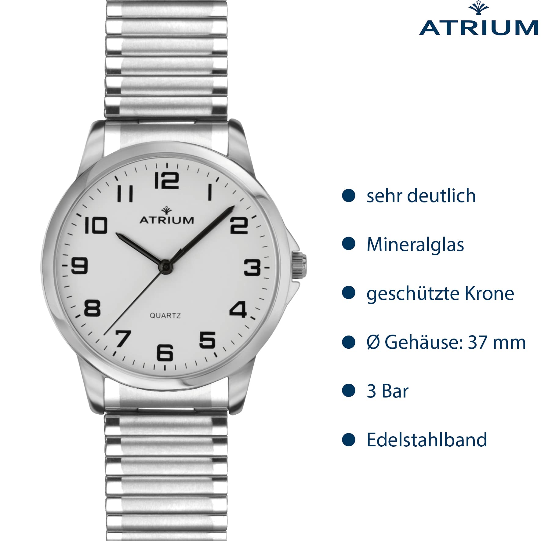 Atrium Damen Herren Armbanduhr sehr deutlich silberfarben Quarz 3 Bar Stahlband Zugband Flexband A36-50