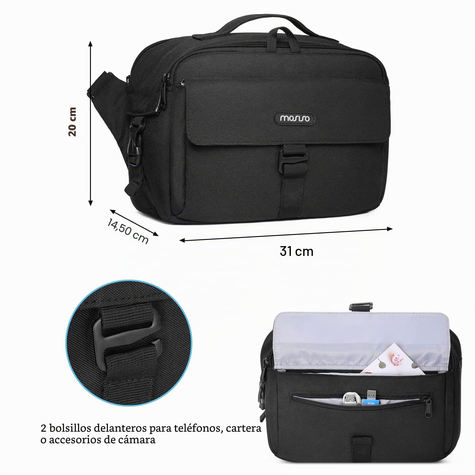 MOSISO Cámara Hombro Bolsa Caso Crossbody Sling Monedero, DSLR/SLR/sin Espejo Compacto Acolchado Foto Bolso con Cubierta Lluvia Compatible con Canon/Nikon/Sony Cámaras y Lentes,Negro | Fotografía acolchada compacta con cubierta impermeable compatible con