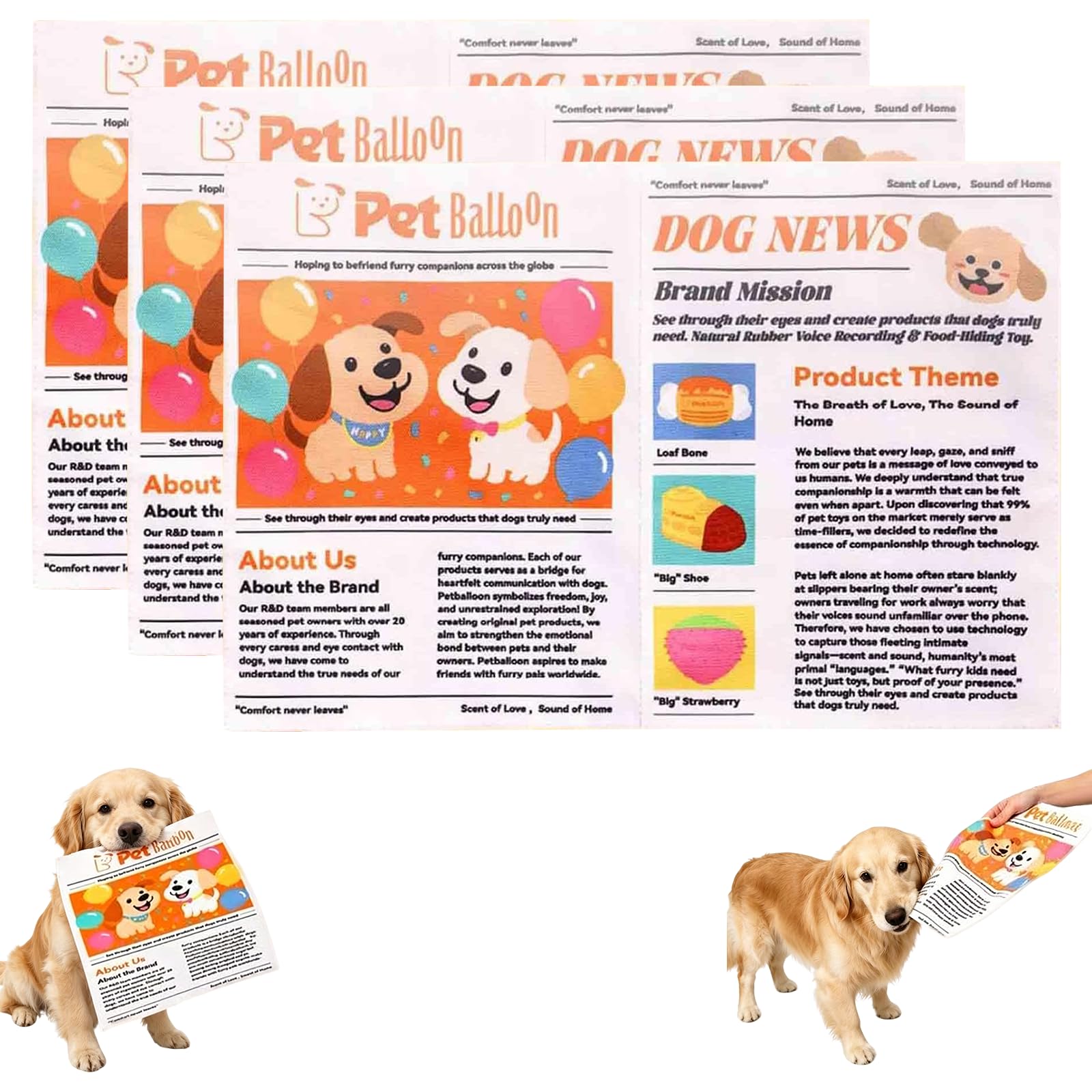 Fenydull Interactive Dog Toy for Boredom, Crinkle Newspaper Dog Squeaker Toy for Small Medium Puppies, Durable Bite-Resistant & Washable Soft Chew Plush Toy for Poodle, Teddy (3pcs, Large（20 * 30cm）)