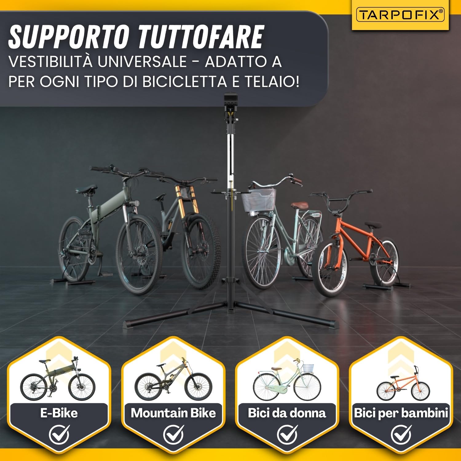 Tarpofix® Cavalletto Manutenzione Bici fino a 50kg | Stabile e Regolabile per Bike ed E-Bike | Supporto Manutenzione Bici Professionale per Riparazioni Bicicletta