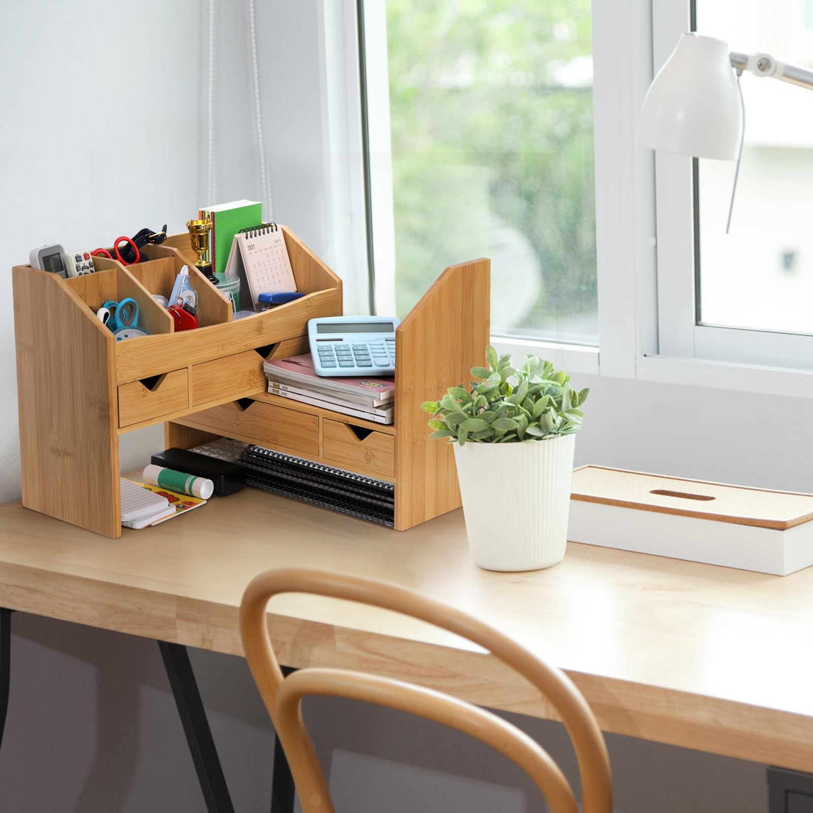 Lawei Schreibtisch-Organizer aus Bambus mit verstellbarem Aktenhalter, Mini-Schreibtischschublade, Tisch-Organisationsbox mit 4 Schubladen für Make-up, Briefe, Stifte, Heimbürobedarf, Schminktisch, 3