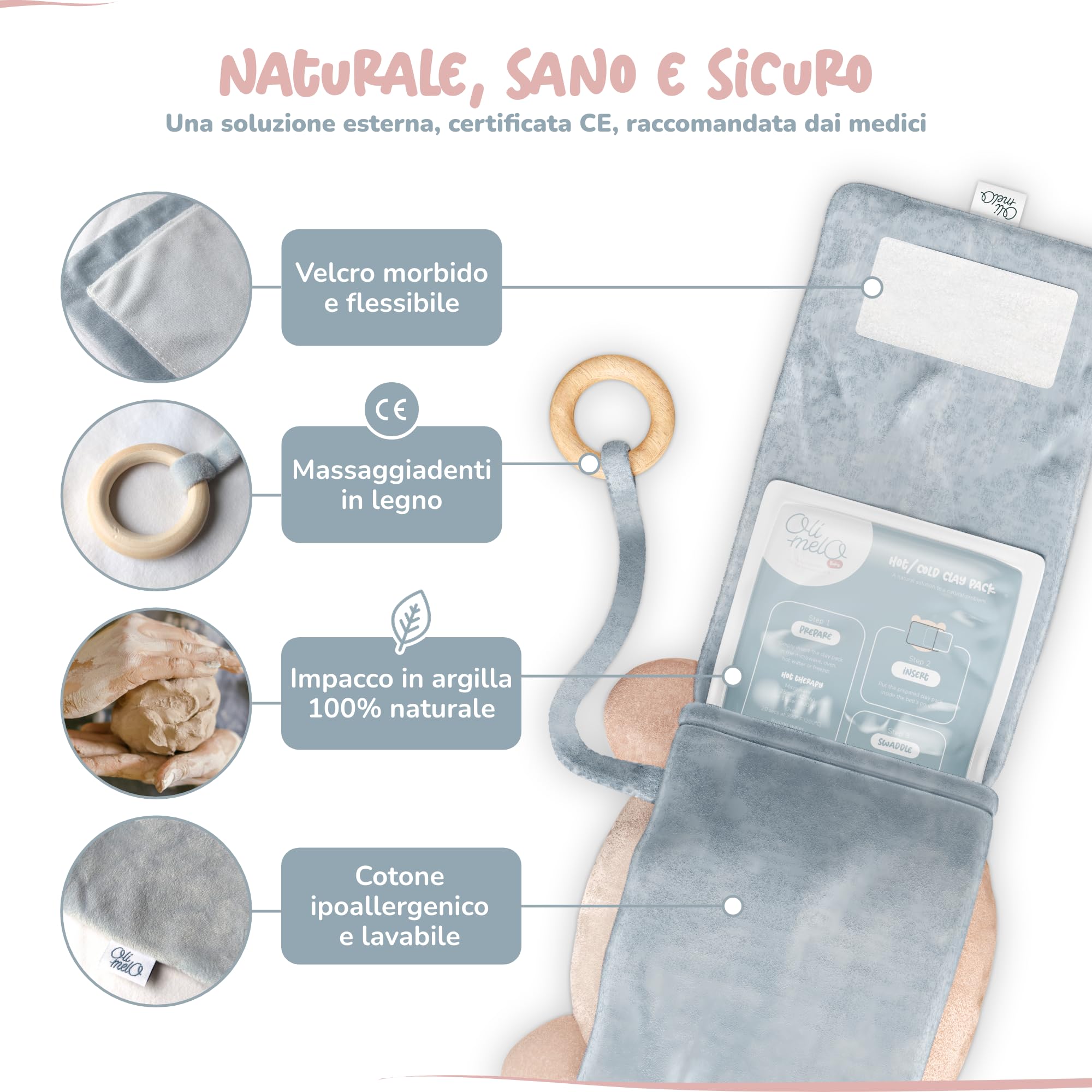 Borsa dell'Acqua Calda per Bebè Anti Coliche – Caldo & Freddo – Allevia Dolori & Gonfiori – CE – Impacco di Argilla, Anello da Dentizione Incluso, Fascia Peluche per Neonati e Lattanti