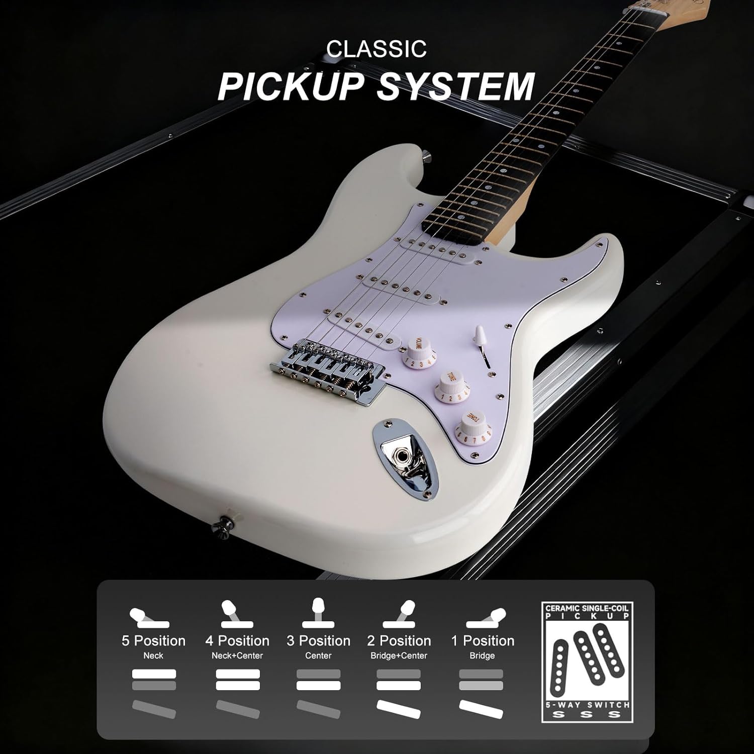 39 Inches Full Size Electric Guitar Beginner Electric Guitar Kits with 10W Amp Classic SSS Pickup Complete with Gig Bag Tuner Capo Strap Picks Guitar String Winders White