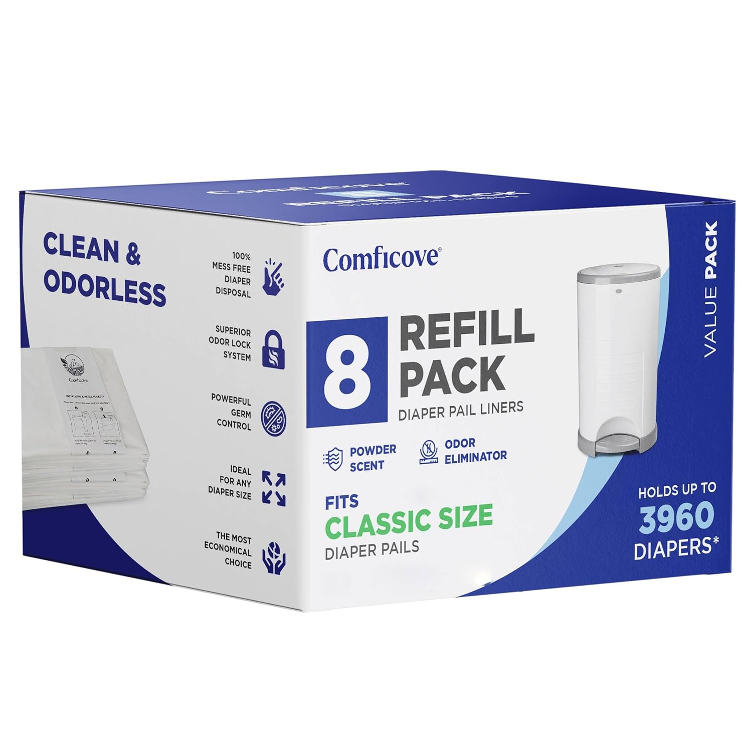 Comficove Refills Compatible with DEKOR CLASSIC Diaper Pails | 8 Pack | Extra Thick Diaper Pail Refill Liners | Fresh Scent | Easy to Replace and Dispose of Diaper Bag | Odorless Baby Diapers Disposal