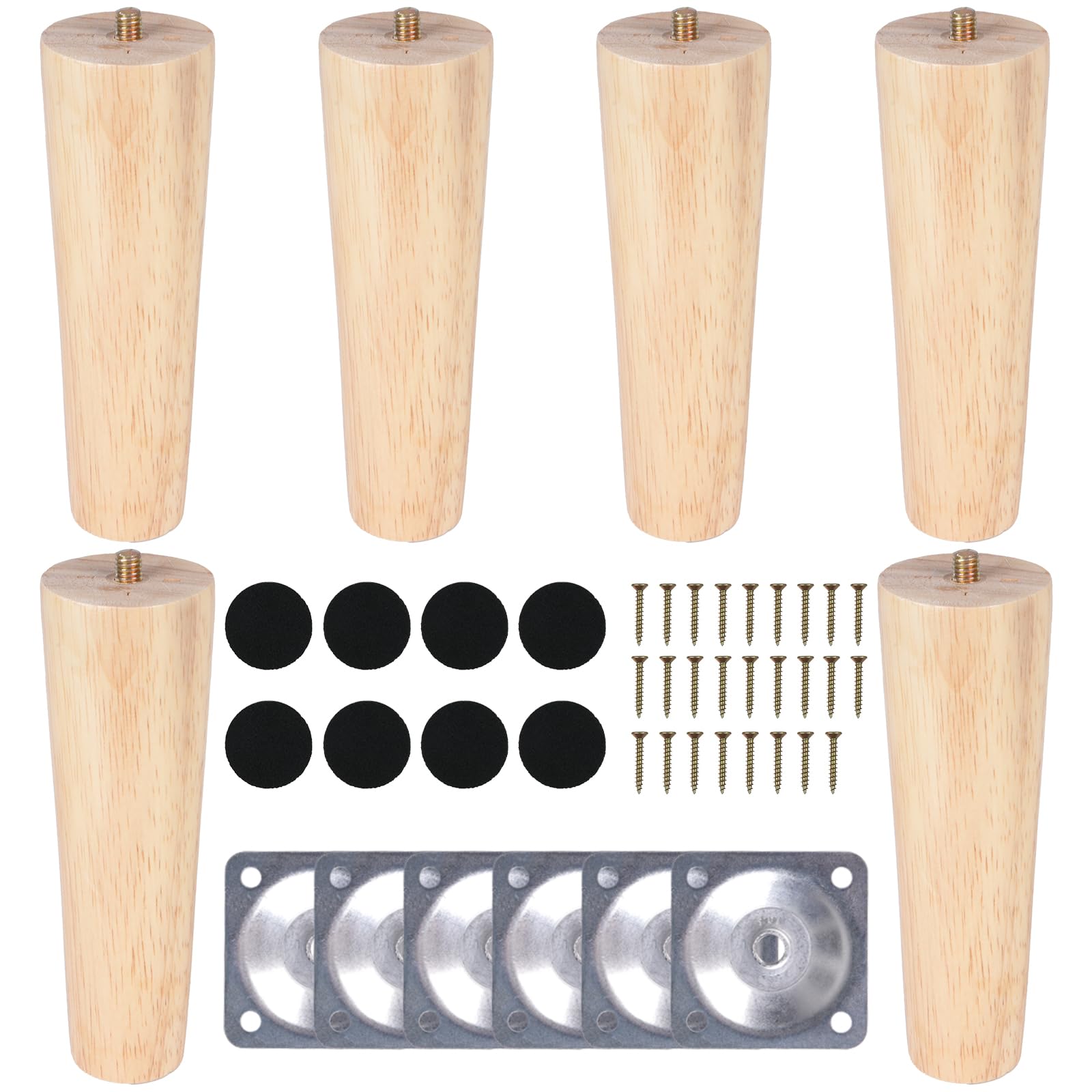6 Piezas Patas para Muebles Madera 15cm Pies para Muebles con Placa de Montaje Tornillos y Protectores de Suelo Patas para Cama Mesa de Té Sofá Cajonera Mueble TV