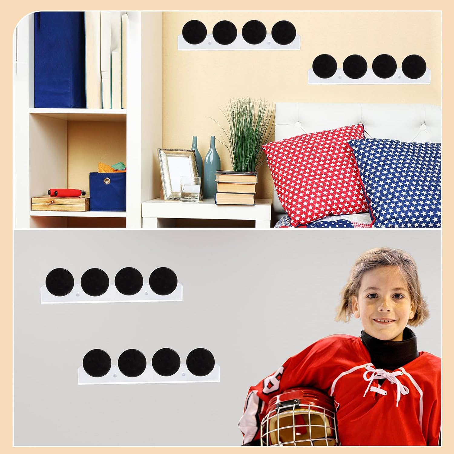 2 Pcs Hockey Puck Display Case Acrylic Ice Hockey Display Holder Shelf Wall Mount Storage Rack for 4 Pucks for Collecting Pucks Room Decoration