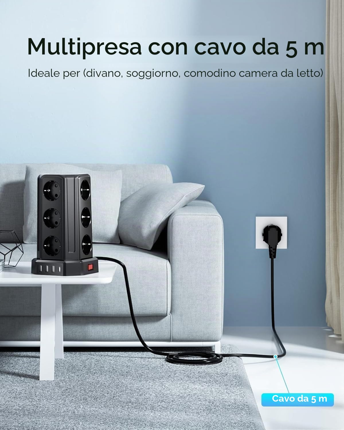 Sameriver Ciabatta Multipresa, Multipresa Elettrica con 12 Prese e 3 USB A+1 USB C(4000W/16A), Ciabatta Multipresa con usb Verticale protezione Sovratensione con interruttori, Nero F (Schuko)