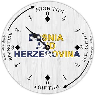 Rustic Wood Tide Clock Bosnia and Herzegovina Flags Ocean Time Wooden Clock Wood Moon Tidal Clock for Wall High and Low Tide Movement Clock for Seaside House Cottage Hotel Camping 15x15 in