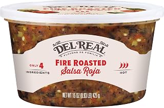 Del Real Foods Red Hot Salsa – Authentic Flavor with Fire-Roasted Tomatoes & Chiles, Refrigerated Fresh Dip, No Preservatives, Ideal for Tacos, Chips, Burritos & Mexican Recipes, 15oz Tub