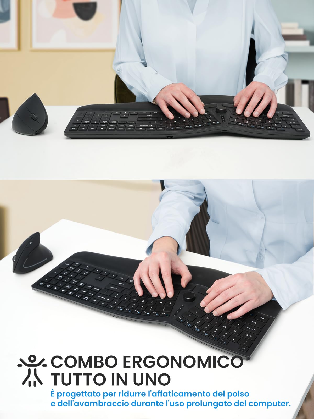 Perixx PERIDUO-614IT, Combo Ergonomico Wireless Silenzioso con Tastiera e Mouse Verticale – Poggiapolsi Regolabile – Tasti a Forbice X-Type stile Laptop – Ricaricabile – Layout IT