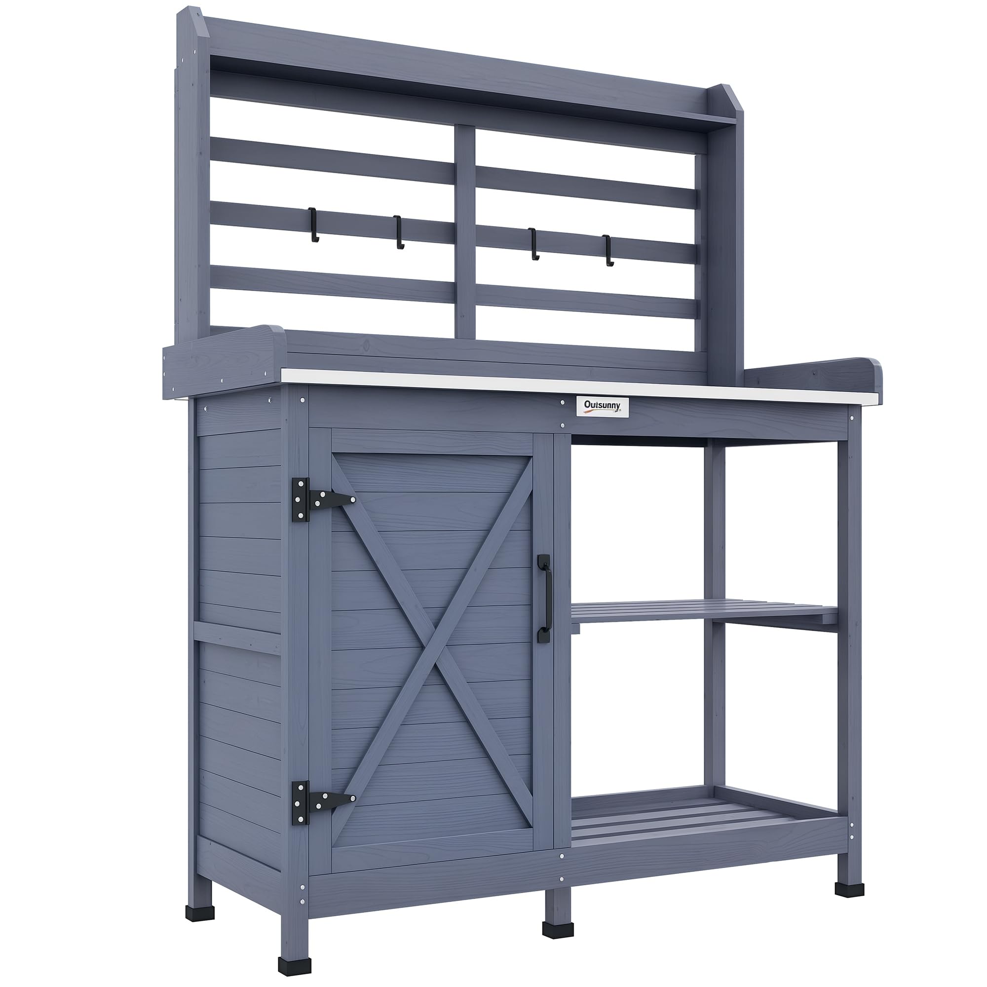 Outsunny Pflanztisch aus Holz, Gärtnertisch mit Schrank, Blumentisch mit Arbeitsplatte, Holzpflanztisch mit 2 Ablagen, 4 Haken für Garten, Grau, 112 x 47 x 146cm