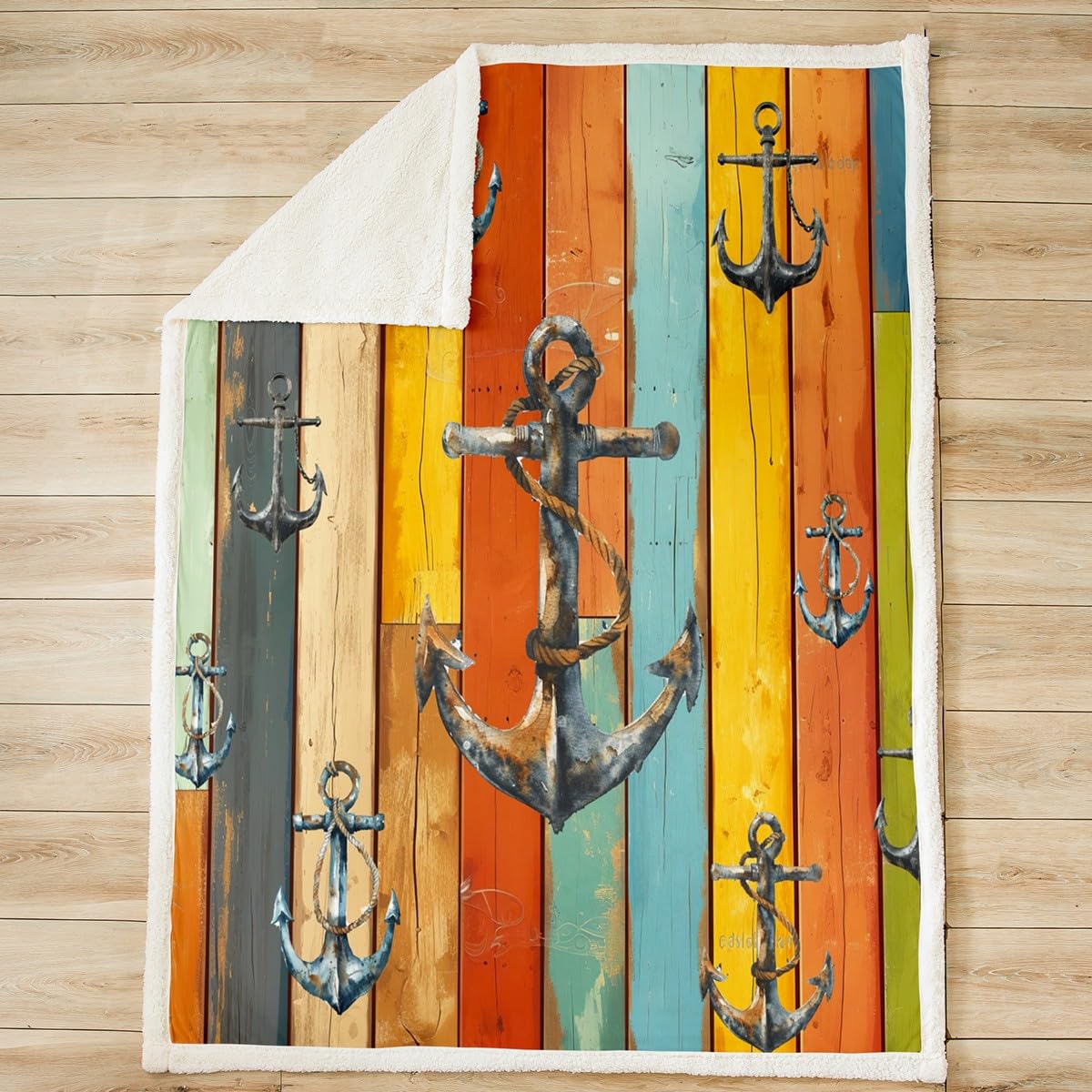 Nautical Anchor Flannel Throw Blanket - 50x60 Inch, Blue Gray Wood Plank Design, 100% Polyester - View #10