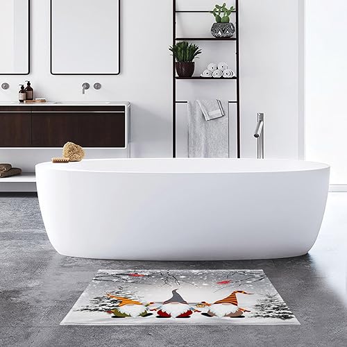 Miniatura 5 de HVEST Alfombras de baño de invierno, gnomos y cardenales en bosque nevado para decoración de baño, tapete antideslizante de mármol de nieve de