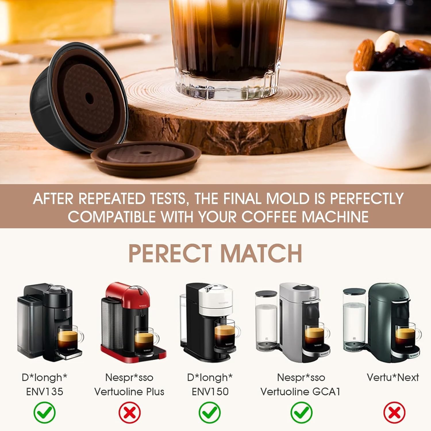 Upgraded Set, 4 Reusable Pods + 4 Silicone Lids, 4x230ml Mug Size Cups, Fits Selected Nespresso VertuoLine Machines: ENV150, ENV135, GCAT1, Plus